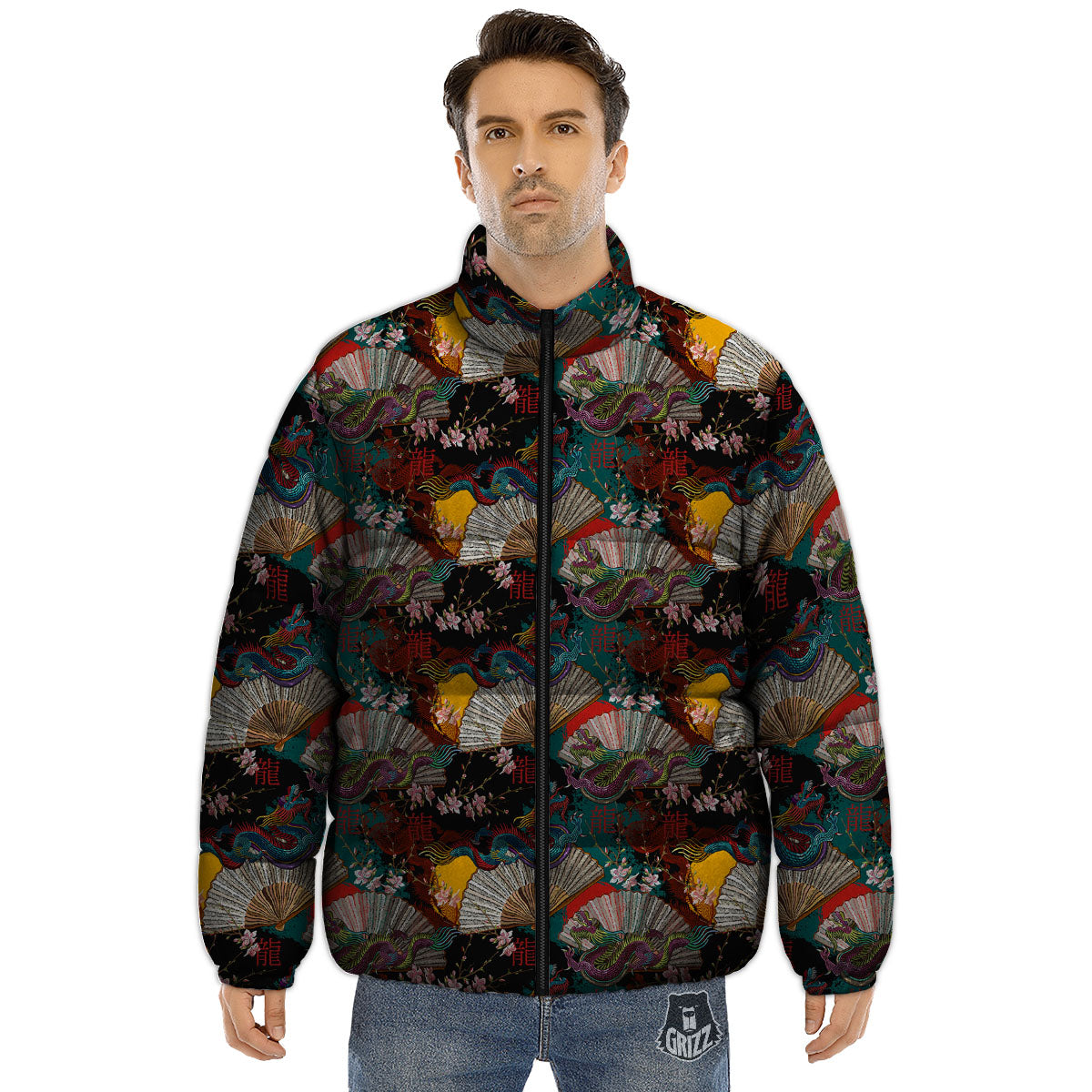 Dragon Embroidery Chinese Print Pattern Puffer Jacket-grizzshop