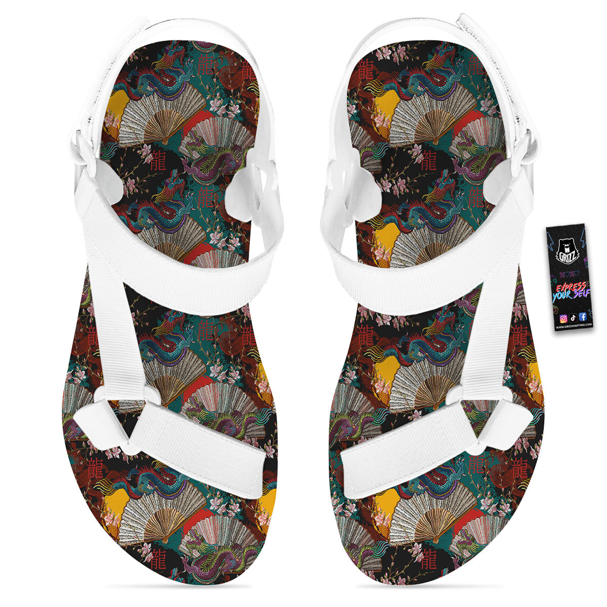 Dragon Embroidery Chinese Print Pattern White Open Toe Sandals-grizzshop