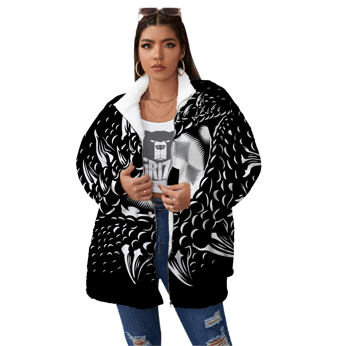 Dragon Eye Print Women's Sherpa Jacket-grizzshop