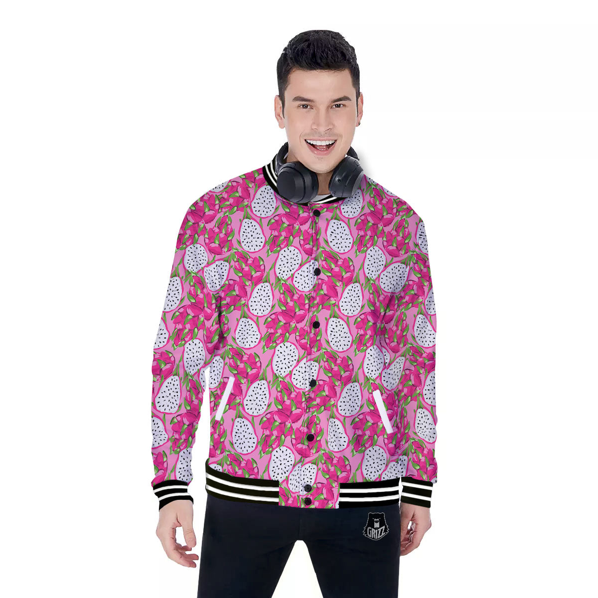 Dragon Fruit Print Pattern Baseball Jacket-grizzshop