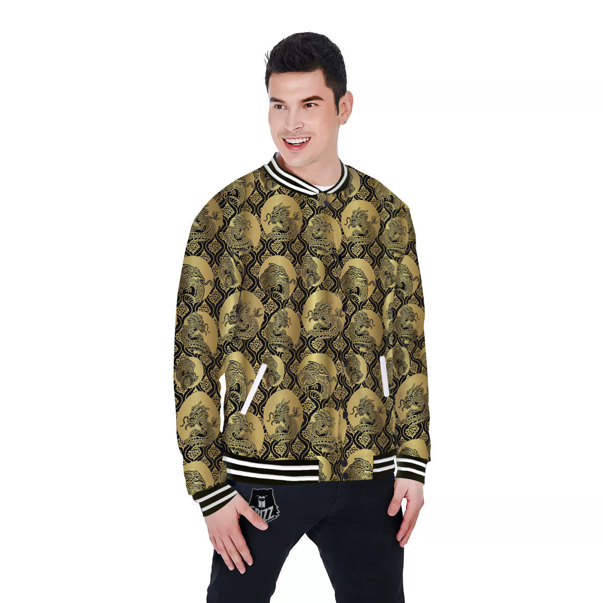 Dragon Gold And Black Print Pattern Baseball Jacket-grizzshop