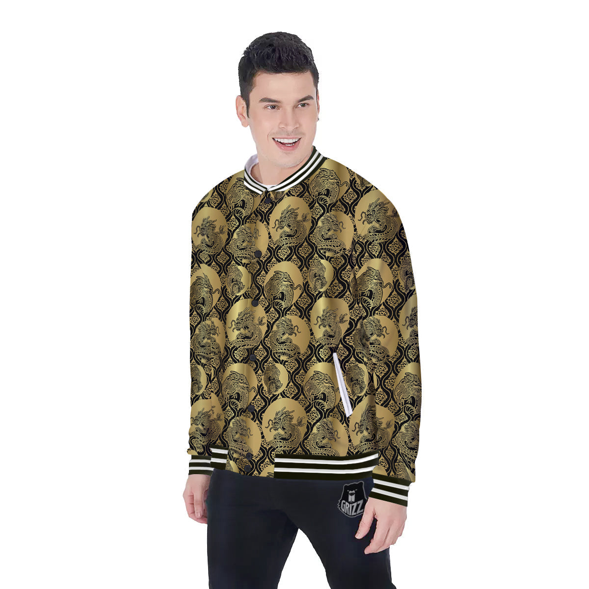 Dragon Gold And Black Print Pattern Baseball Jacket-grizzshop