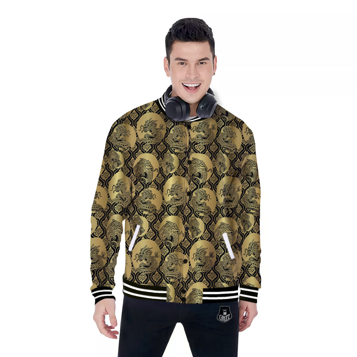 Dragon Gold And Black Print Pattern Baseball Jacket-grizzshop
