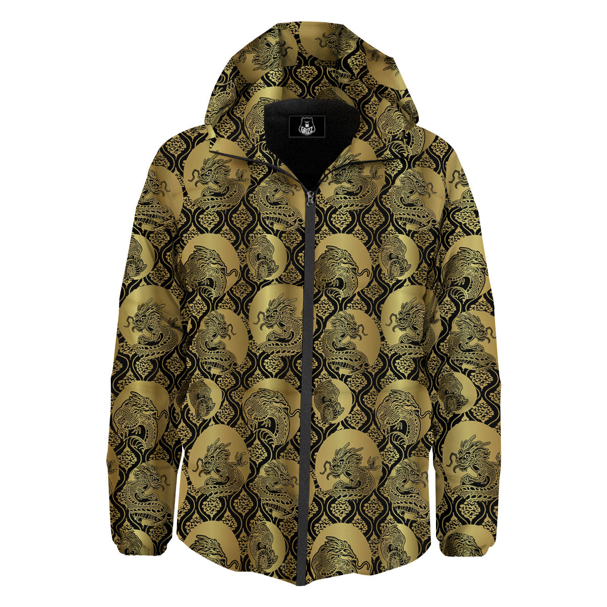 Dragon Gold And Black Print Pattern Down Jacket-grizzshop