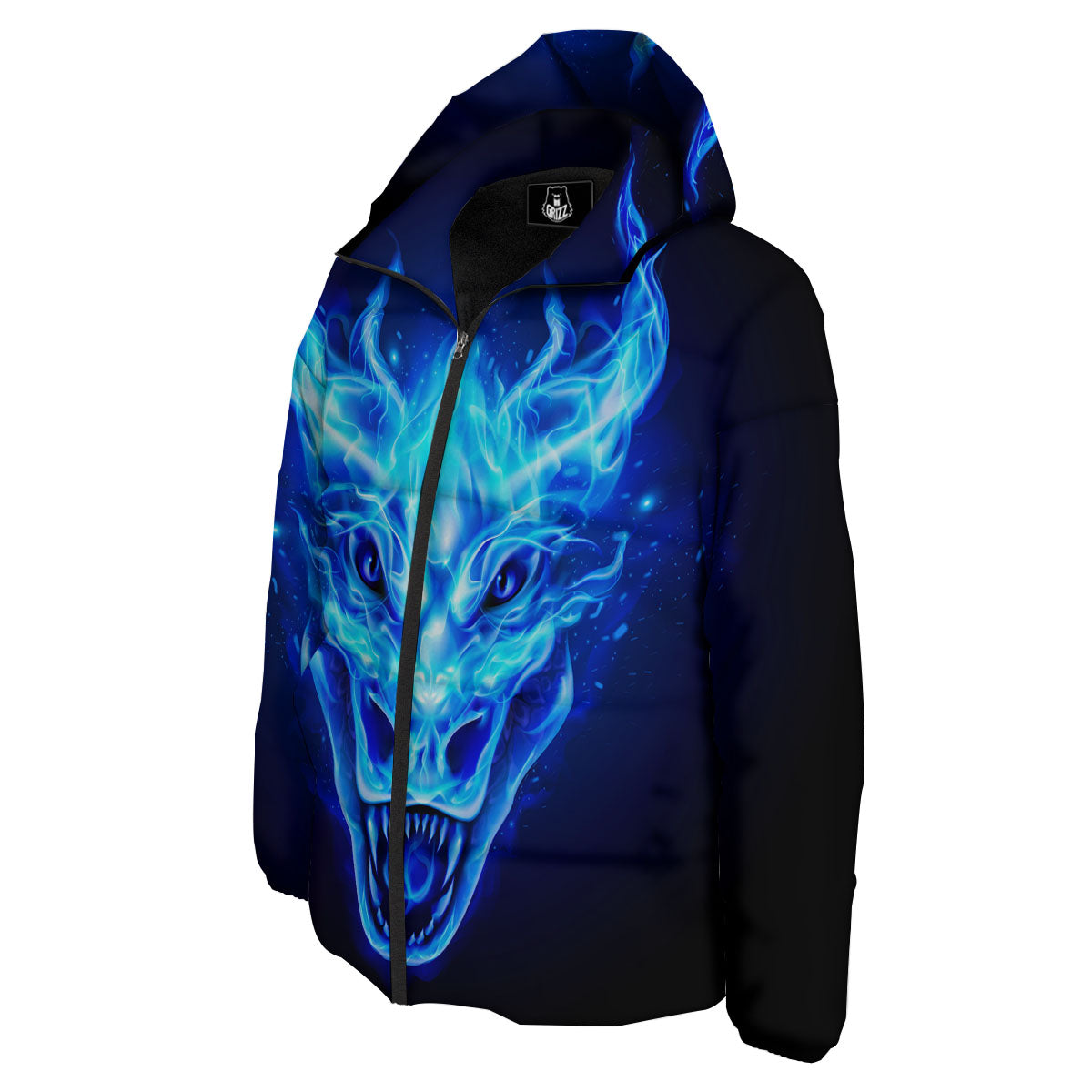 Dragon Head in Blue Flame Print Down Jacket-grizzshop