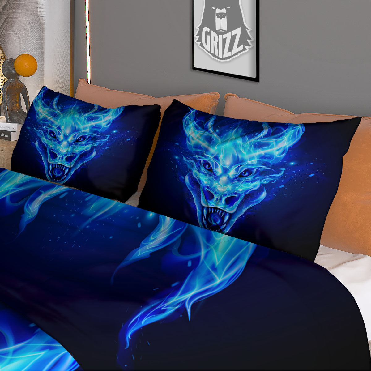 Dragon Head in Blue Flame Print Duvet Cover Bedding Set