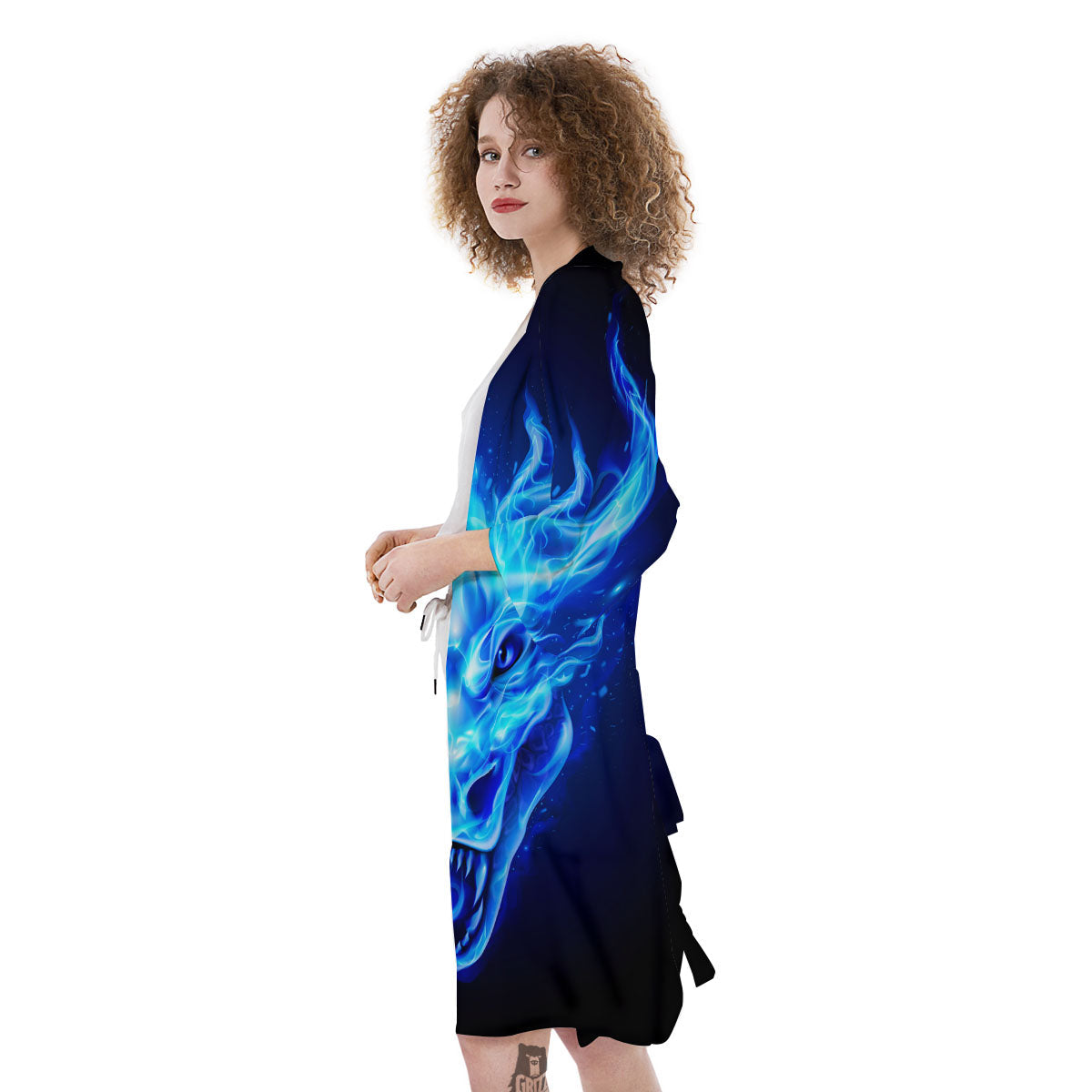 Dragon Head in Blue Flame Print Kimono-grizzshop