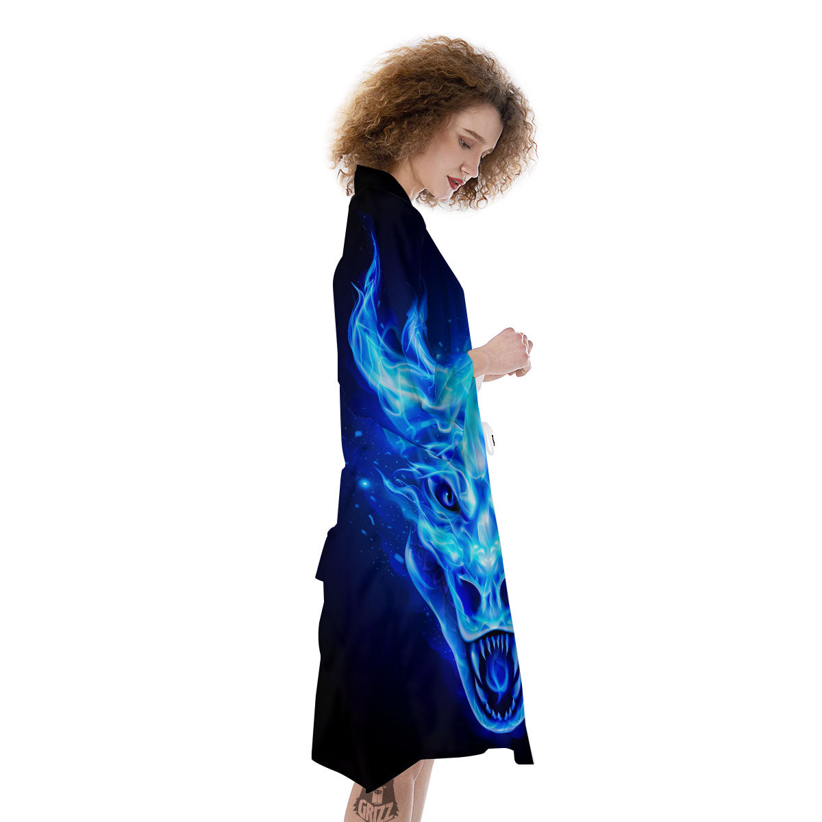 Dragon Head in Blue Flame Print Kimono-grizzshop