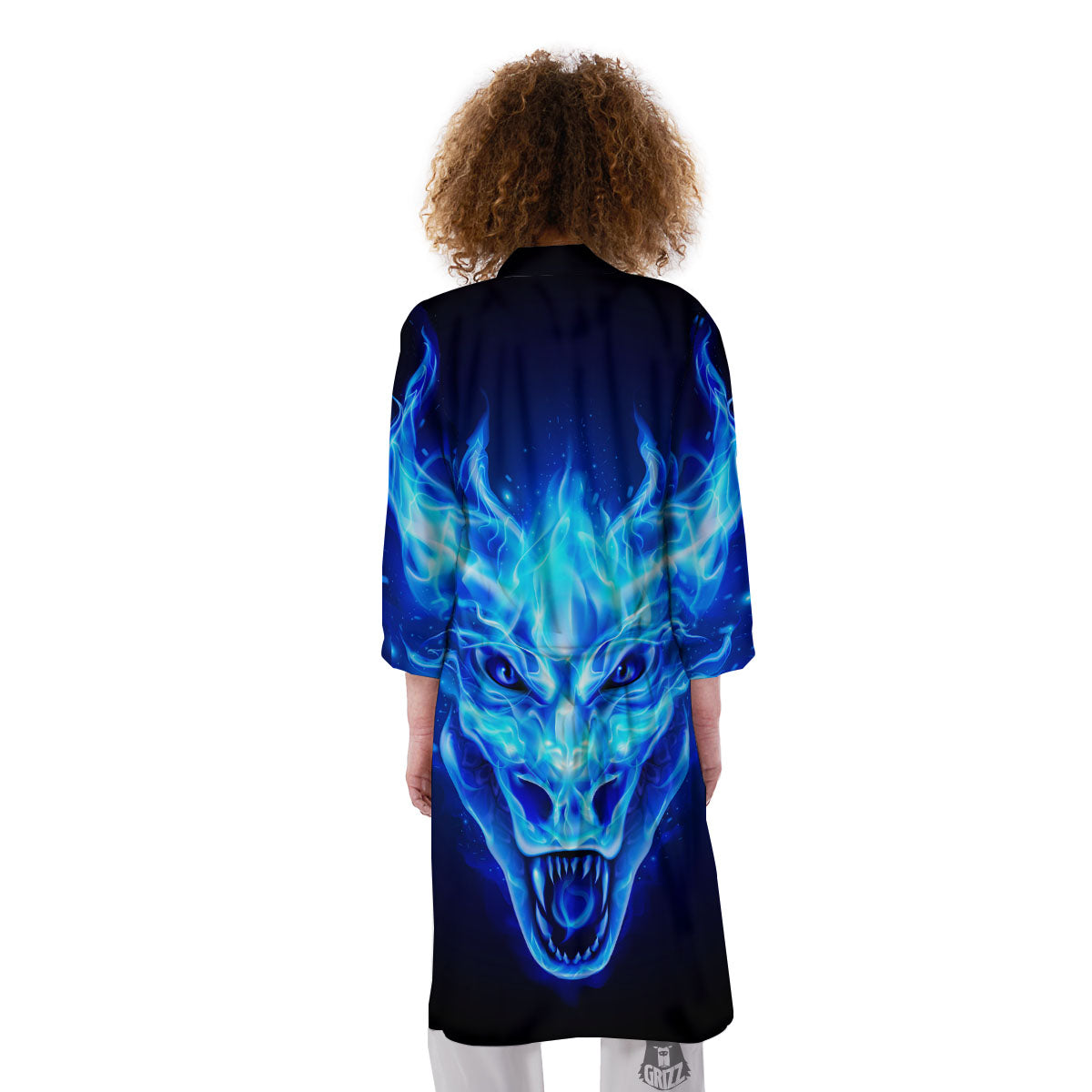 Dragon Head in Blue Flame Print Kimono-grizzshop