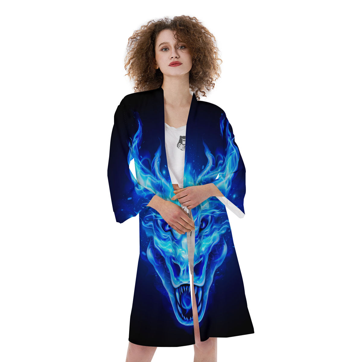 Dragon Head in Blue Flame Print Kimono-grizzshop