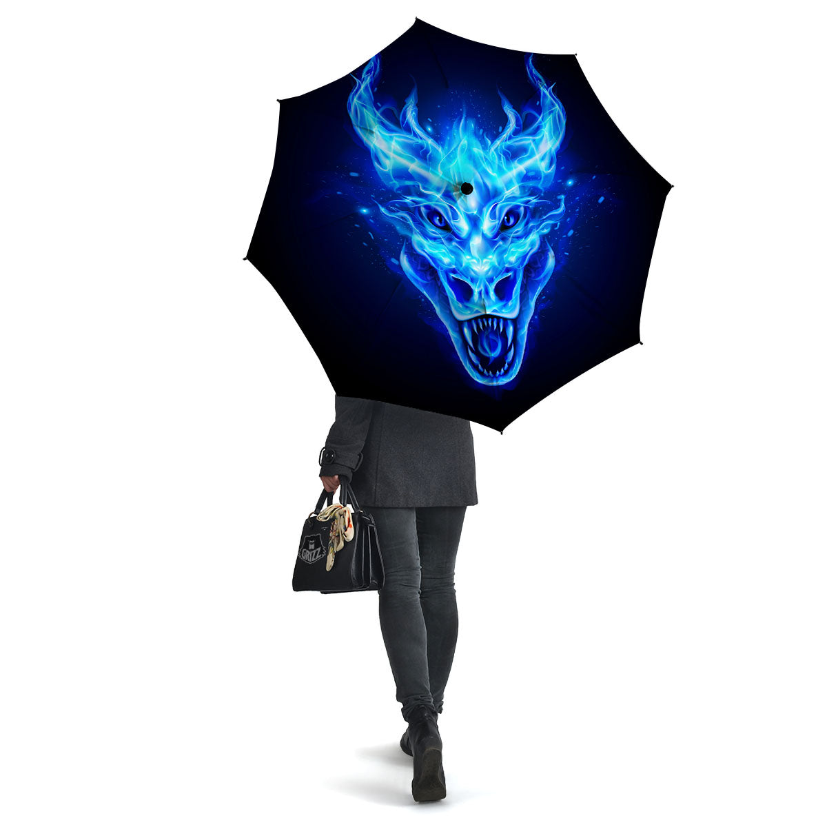 Dragon Head in Blue Flame Print Umbrella-grizzshop