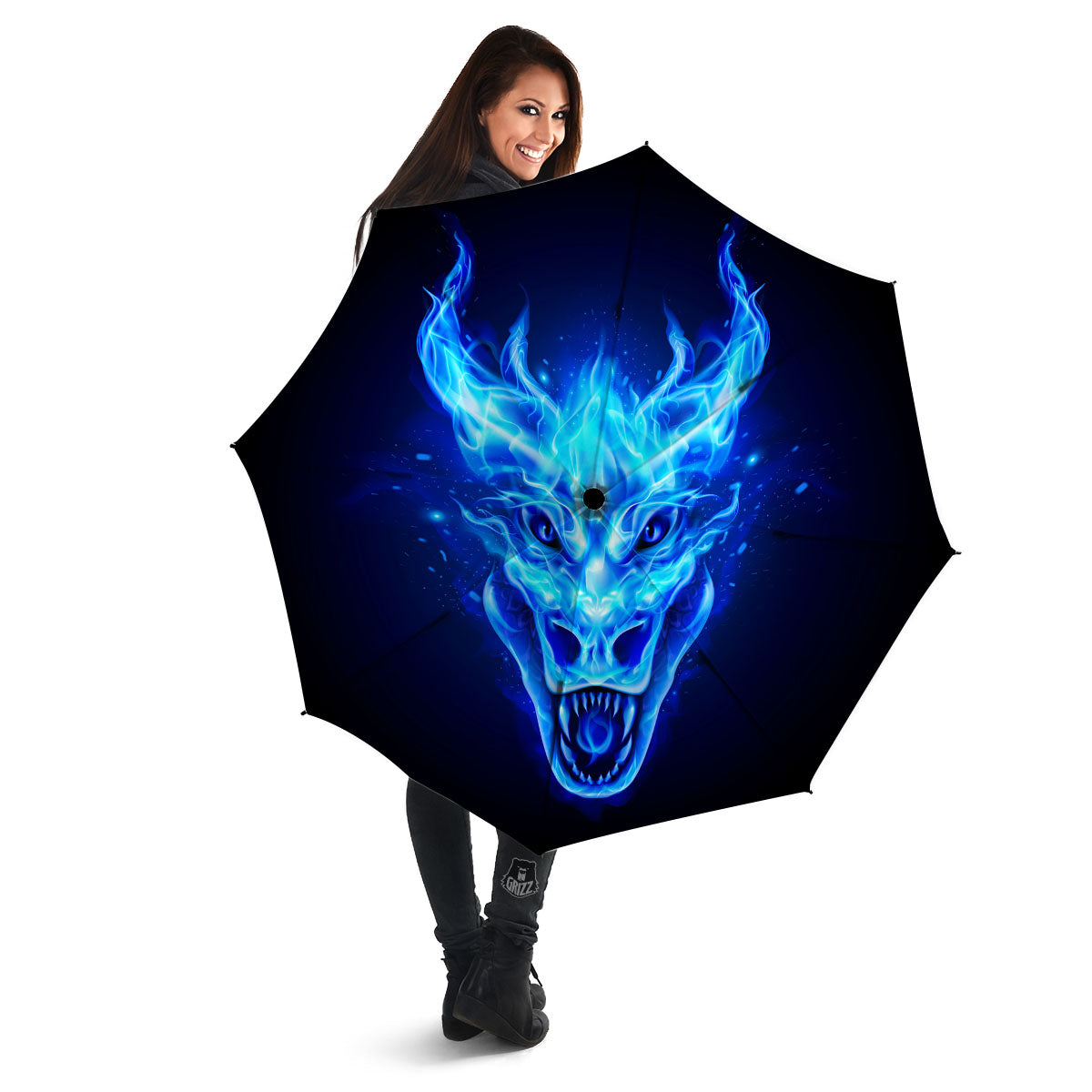 Dragon Head in Blue Flame Print Umbrella-grizzshop