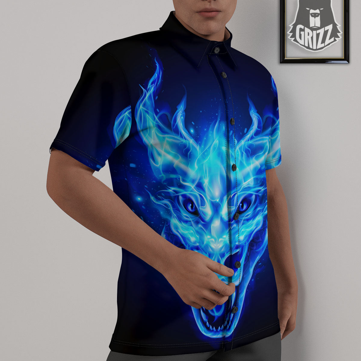 Dragon Head in Blue Flame Print Untucked Shirts-grizzshop