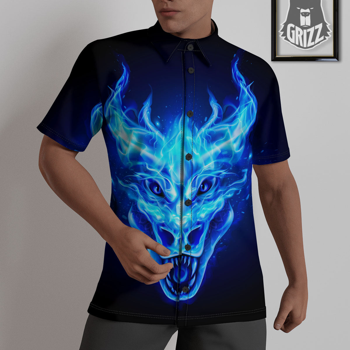 Dragon Head in Blue Flame Print Untucked Shirts-grizzshop