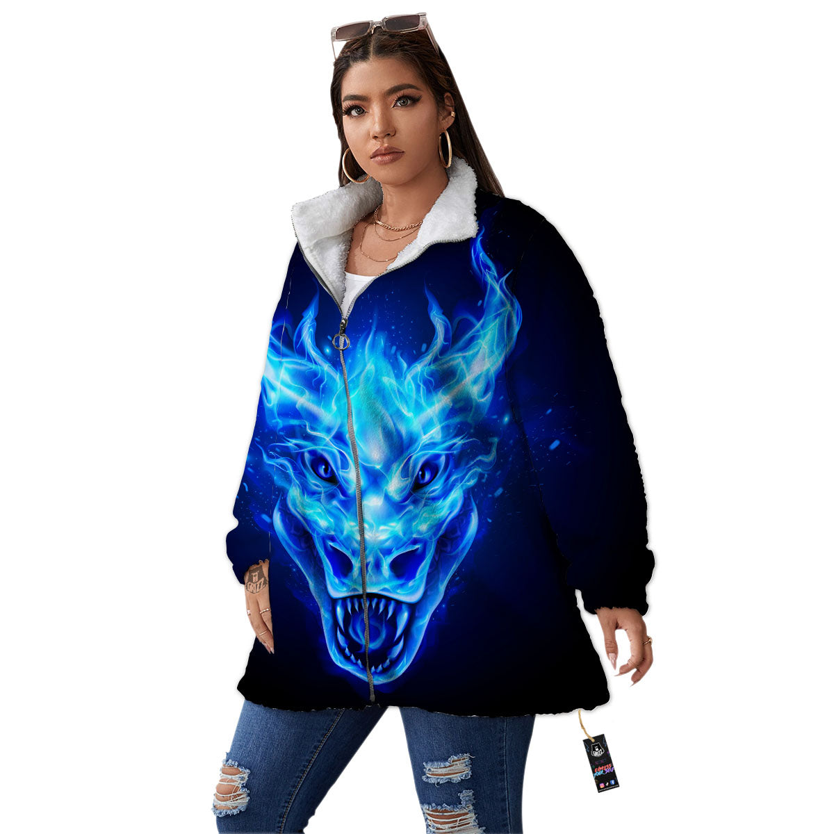 Dragon Head in Blue Flame Print Women's Sherpa Jacket-grizzshop