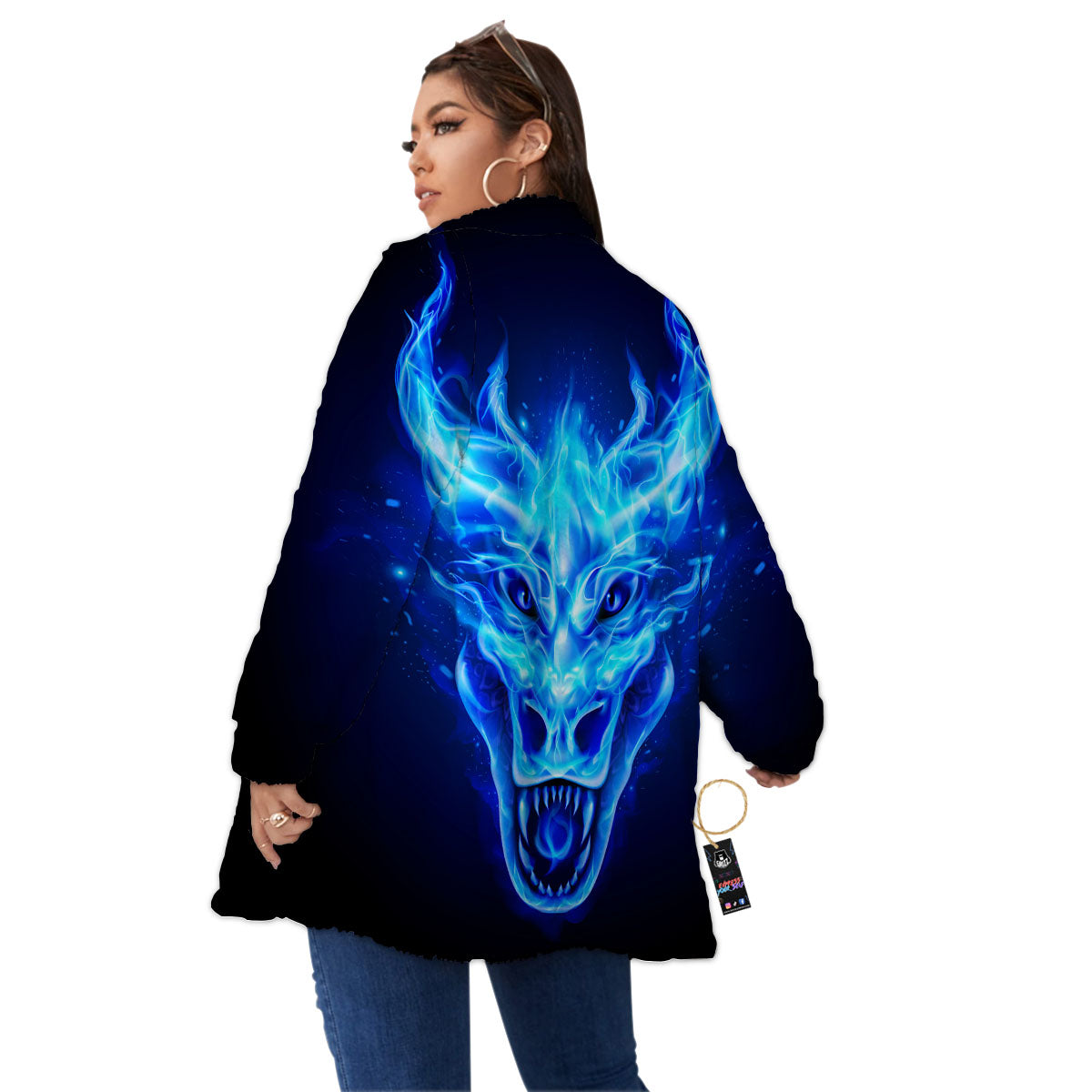 Dragon Head in Blue Flame Print Women's Sherpa Jacket-grizzshop
