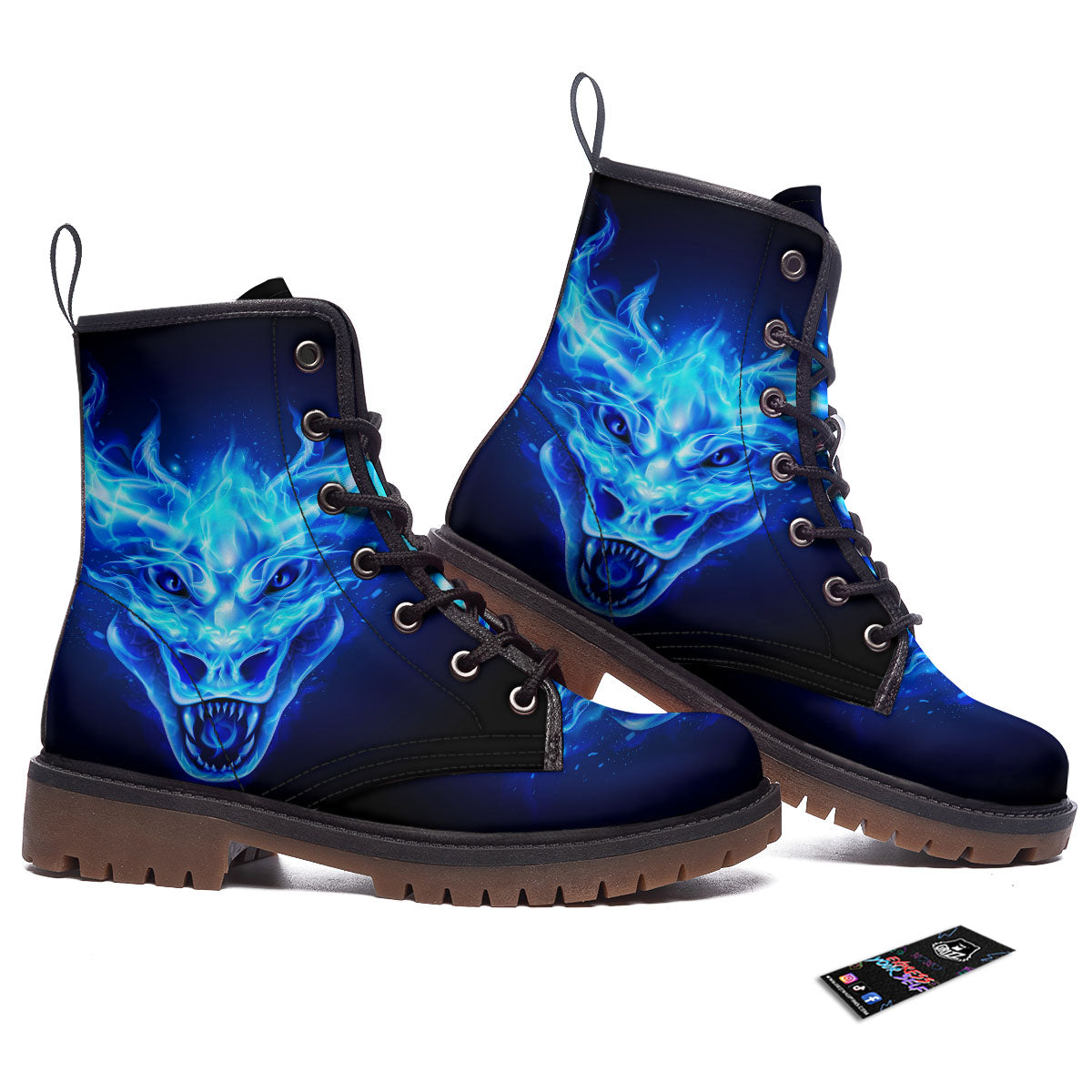 Dragon Head in Blue Flame Print Work Boots-grizzshop