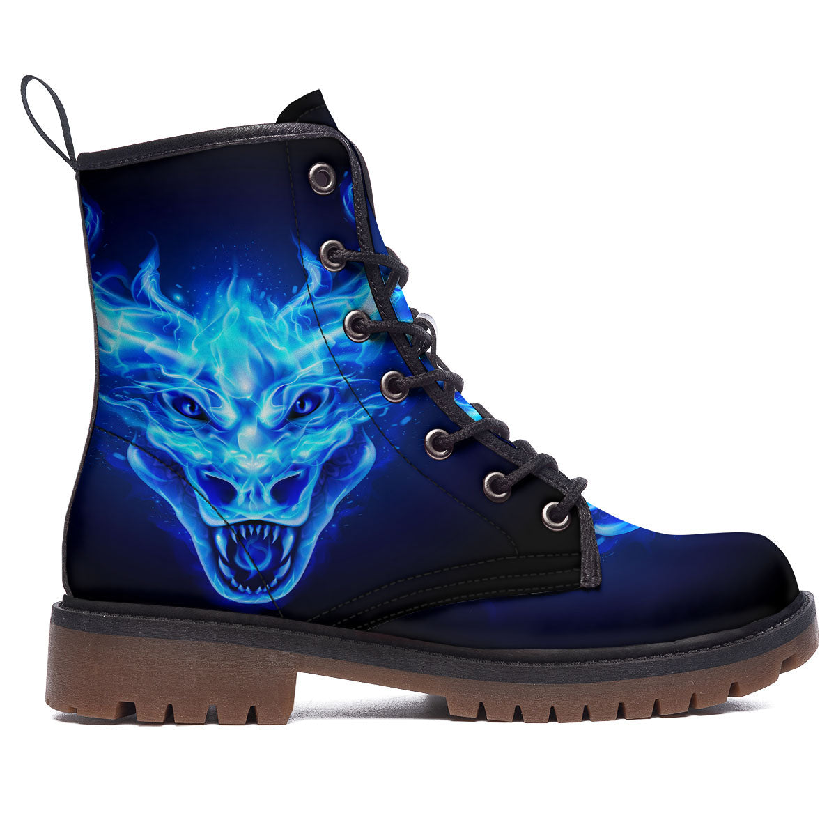 Dragon Head in Blue Flame Print Work Boots-grizzshop