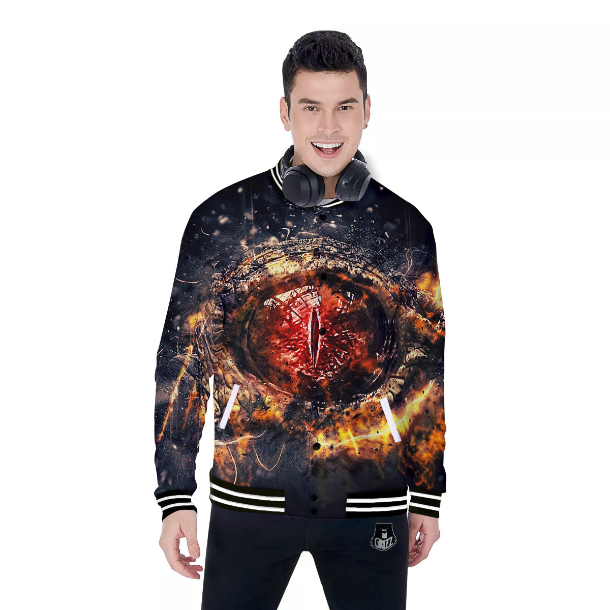 Dragon Red Eye Fire Print Baseball Jacket-grizzshop