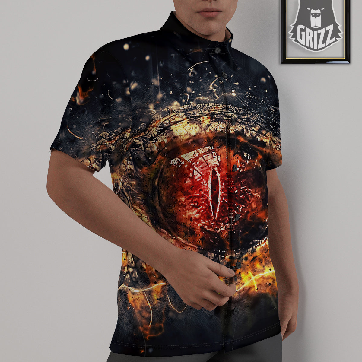 Dragon Red Eye Fire Print Untucked Shirts-grizzshop