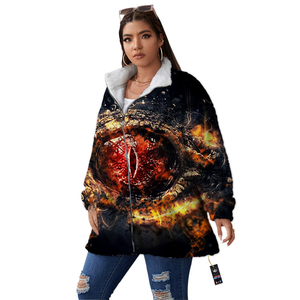 Dragon Red Eye Fire Print Women's Sherpa Jacket-grizzshop