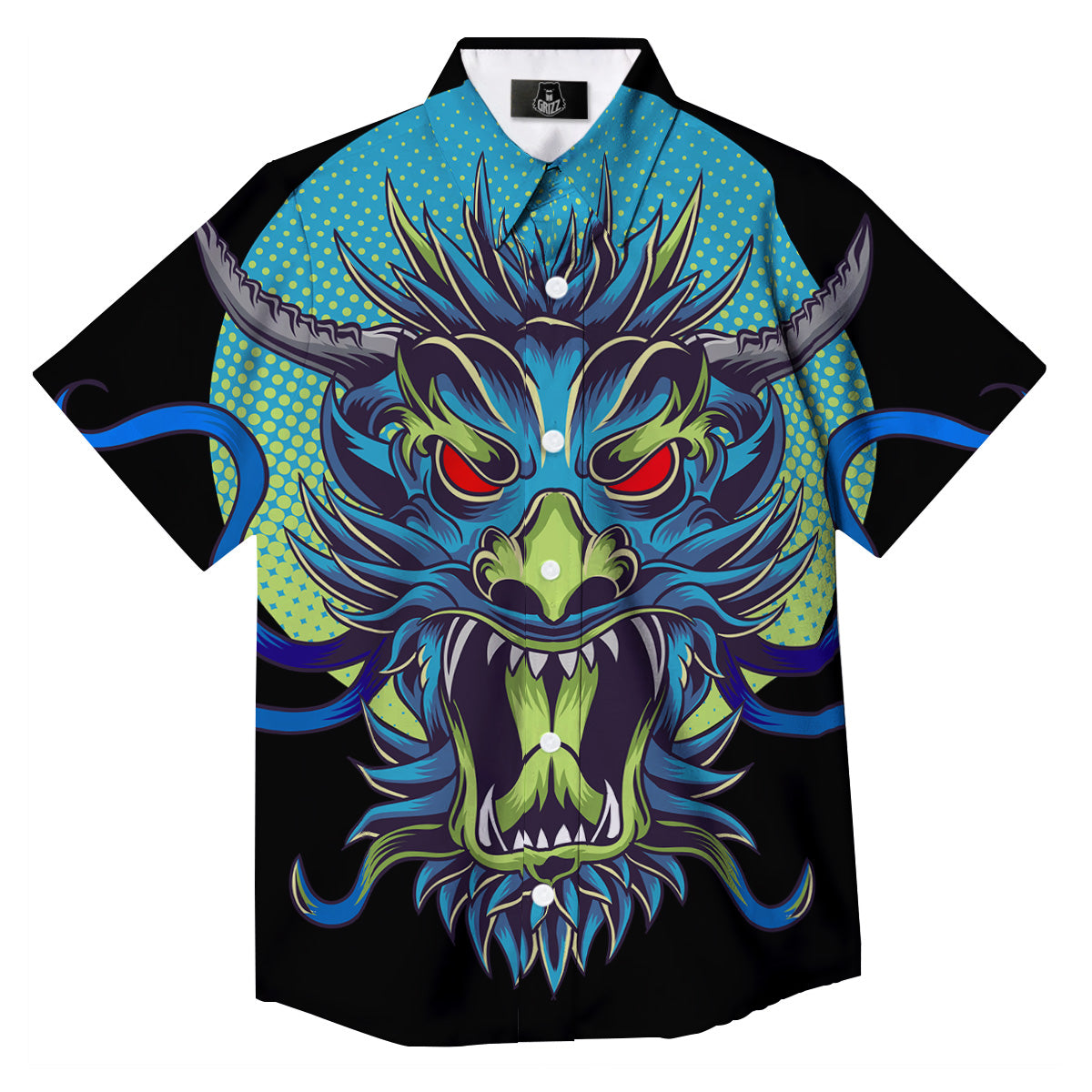 Dragon Tattoo Blue Japanese Print Button Up Shirt-grizzshop