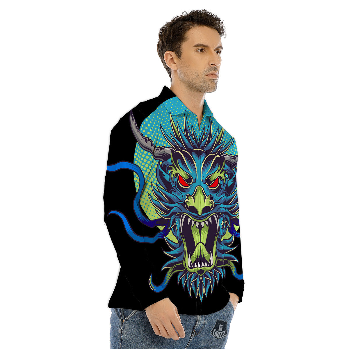 Dragon Tattoo Blue Japanese Print Men's Dress Shirts-grizzshop