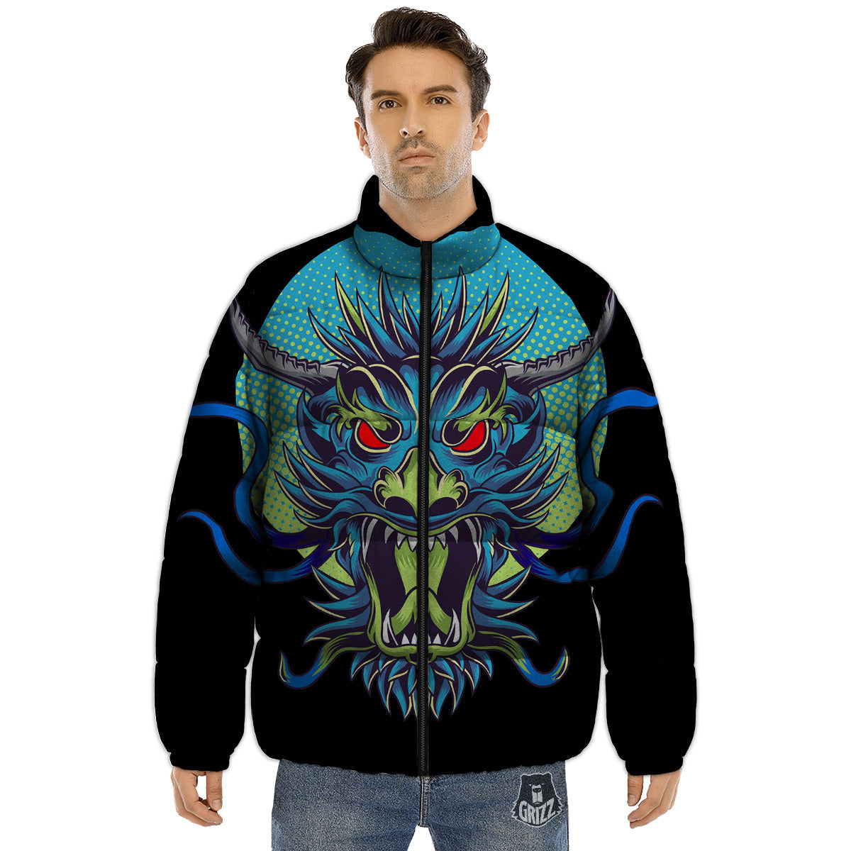 Dragon Tattoo Blue Japanese Print Puffer Jacket-grizzshop