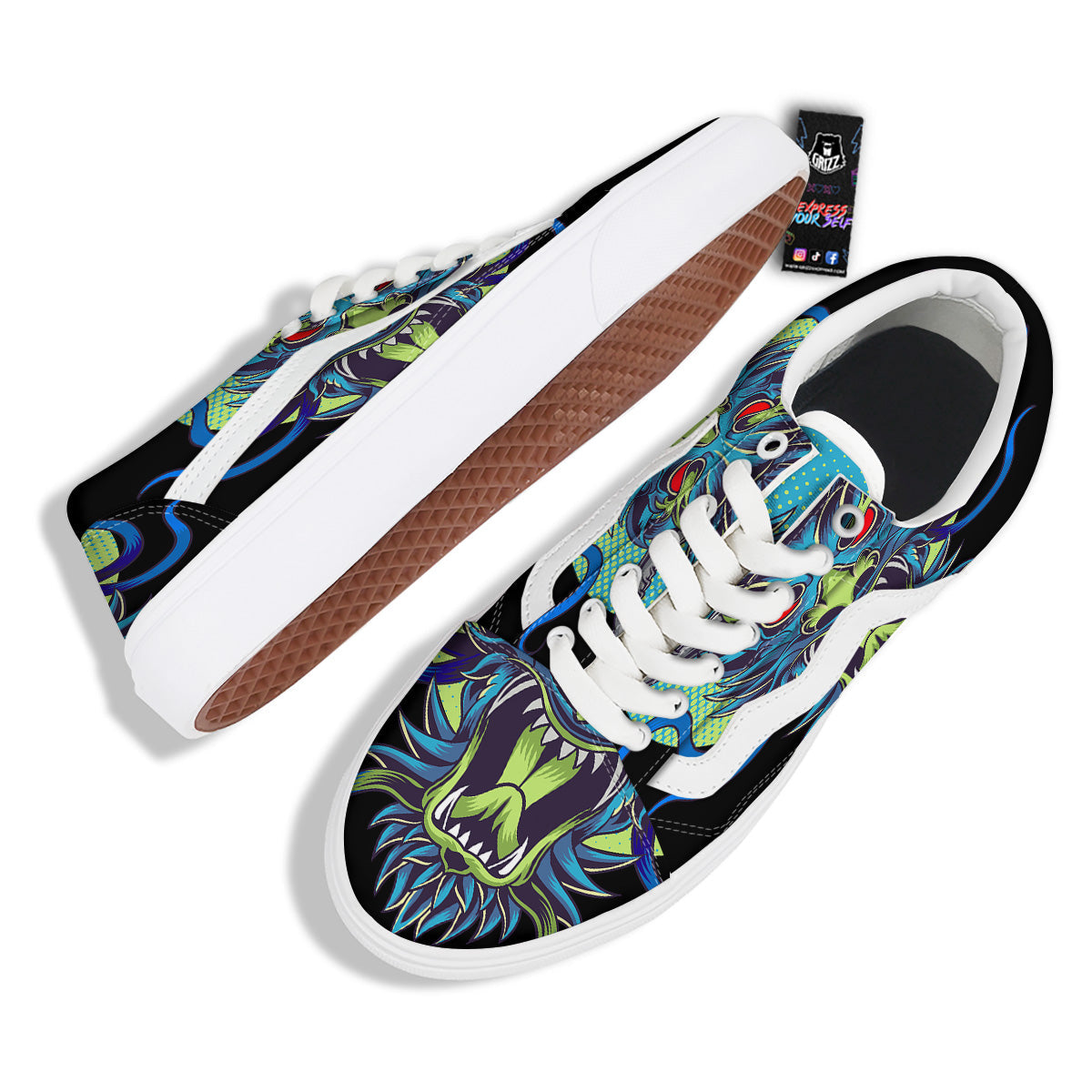 Dragon Tattoo Blue Japanese Print Skate Shoes-grizzshop