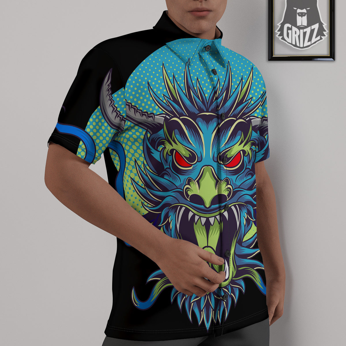 Dragon Tattoo Blue Japanese Print Untucked Shirts-grizzshop