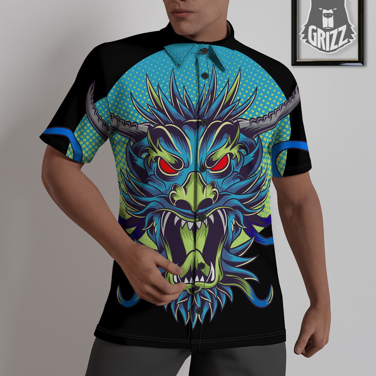 Dragon Tattoo Blue Japanese Print Untucked Shirts-grizzshop