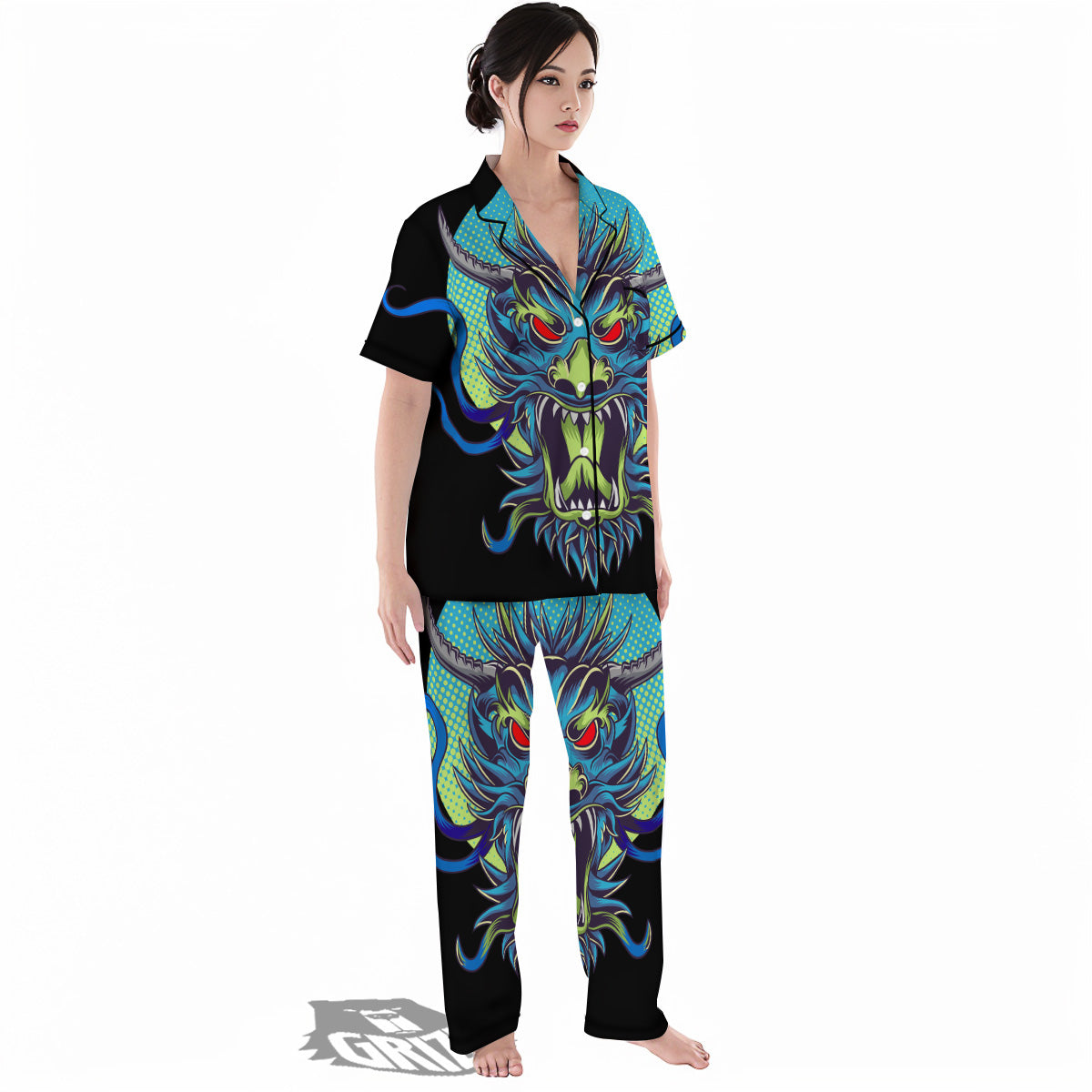 Dragon Tattoo Blue Japanese Print Women's Pajamas Set-grizzshop