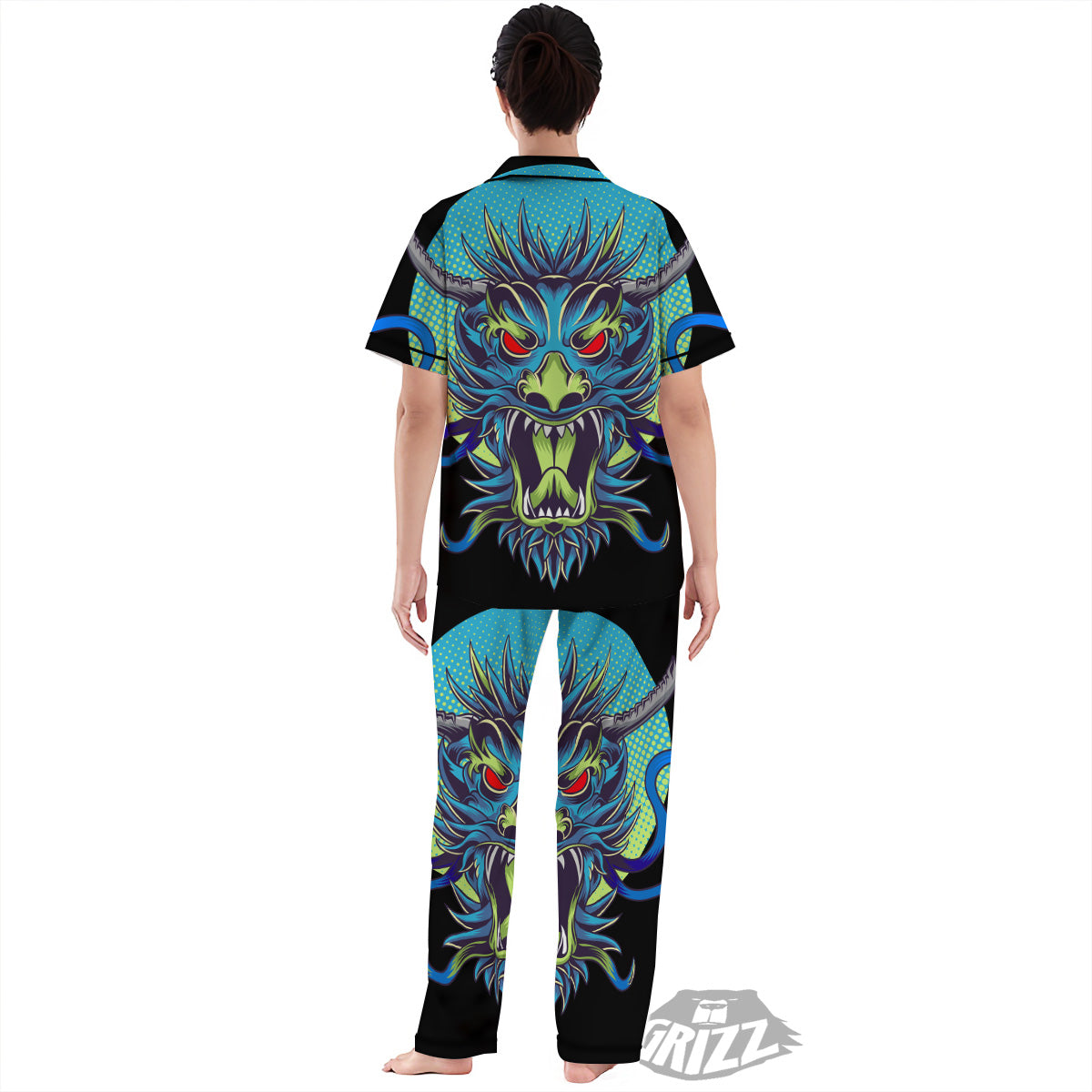 Dragon Tattoo Blue Japanese Print Women's Pajamas Set-grizzshop