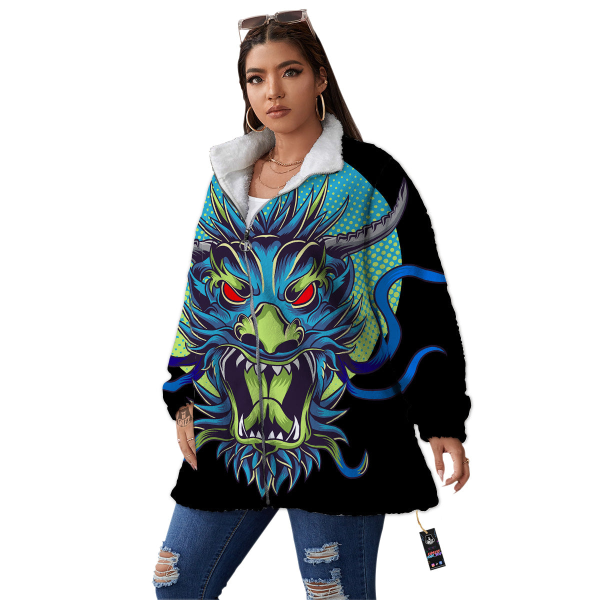 Dragon Tattoo Blue Japanese Print Women's Sherpa Jacket-grizzshop