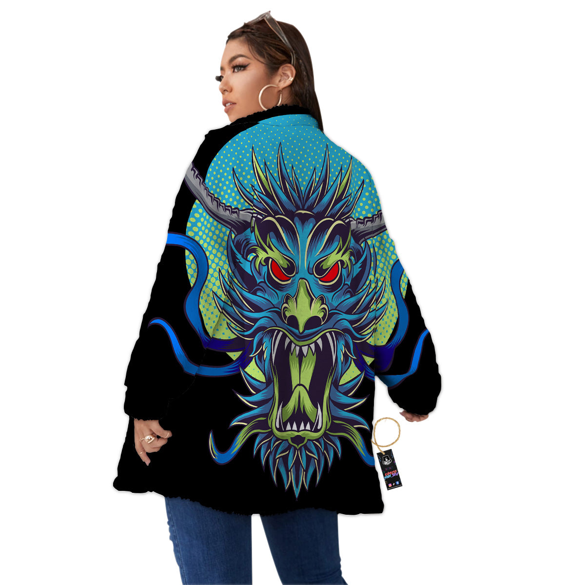 Dragon Tattoo Blue Japanese Print Women's Sherpa Jacket-grizzshop