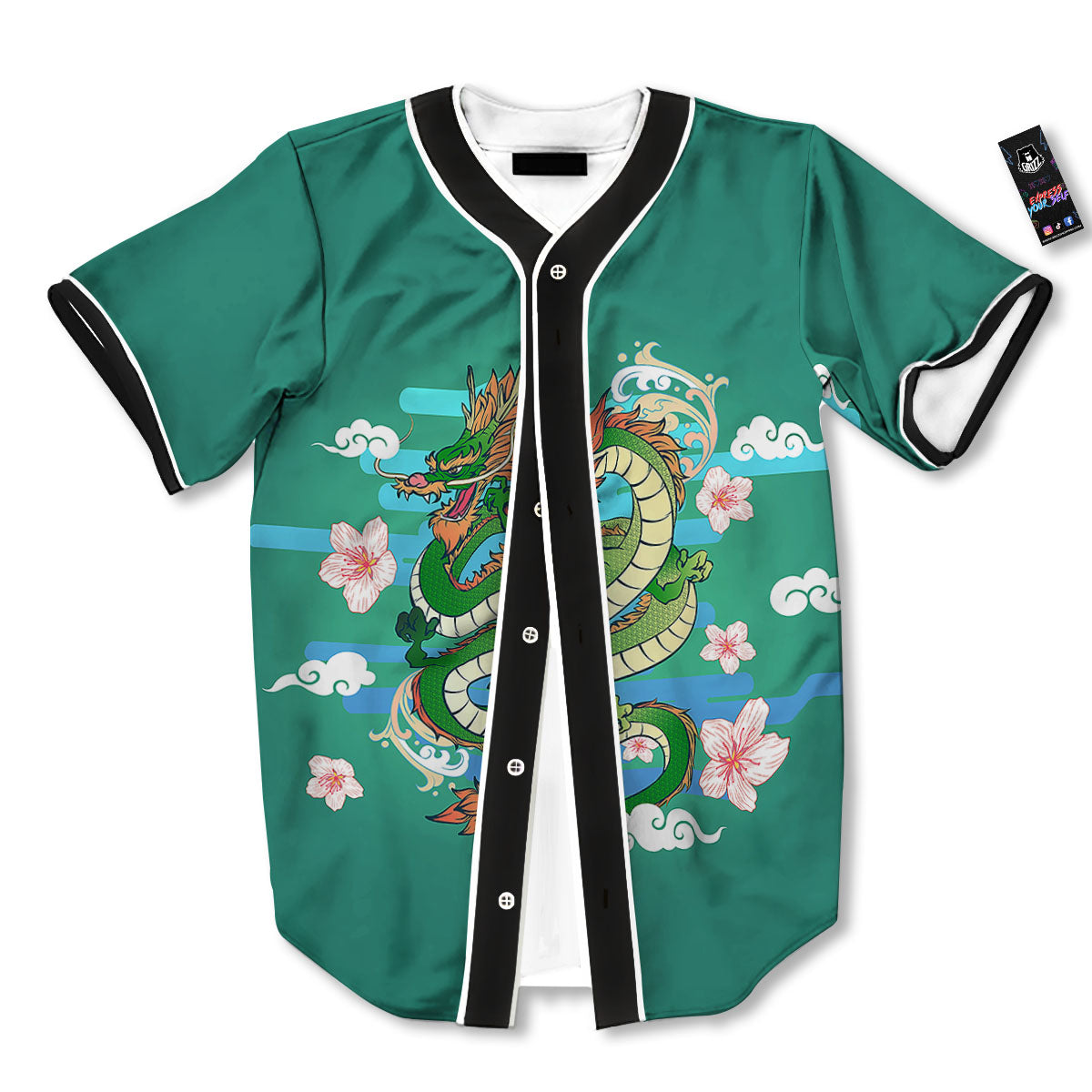 Dragon Tattoo Green Japanese Print Baseball Jersey-grizzshop