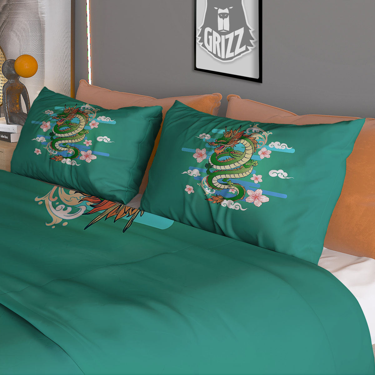 Dragon Tattoo Green Japanese Print Duvet Cover Bedding Set