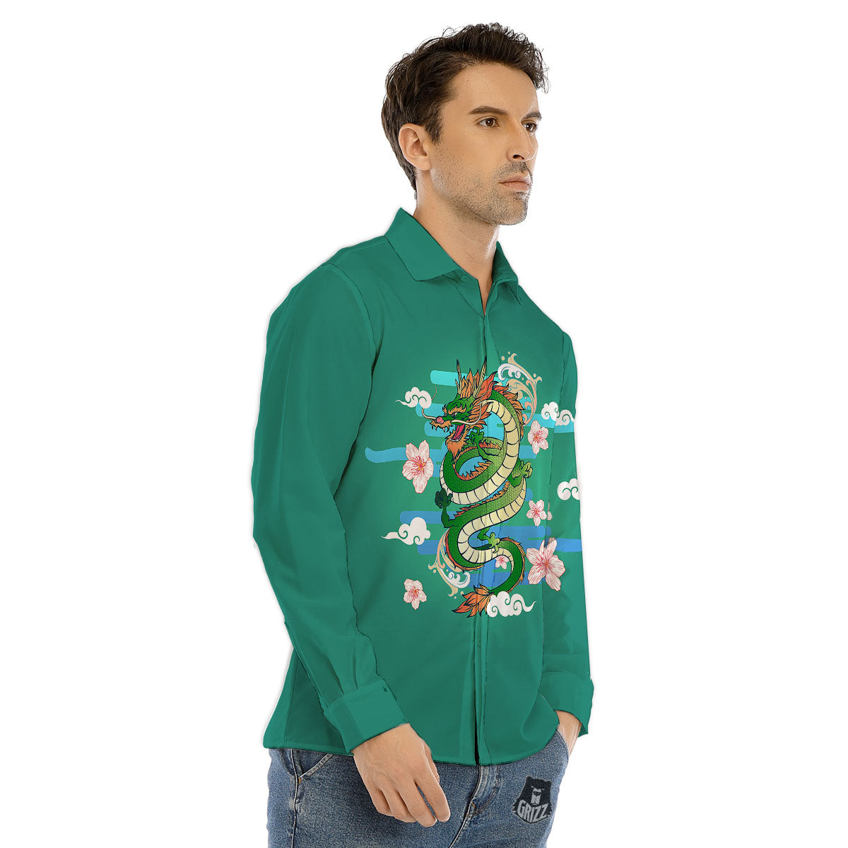Dragon Tattoo Green Japanese Print Men's Dress Shirts-grizzshop