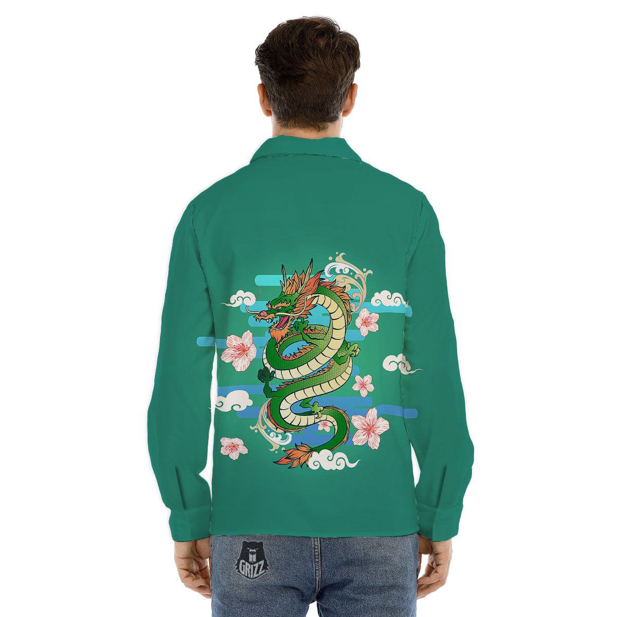 Dragon Tattoo Green Japanese Print Men's Dress Shirts-grizzshop