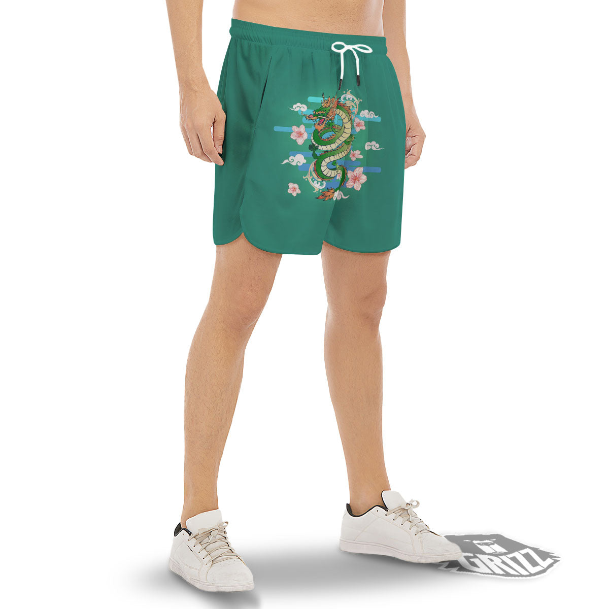 Dragon Tattoo Green Japanese Print Men's Gym Shorts-grizzshop
