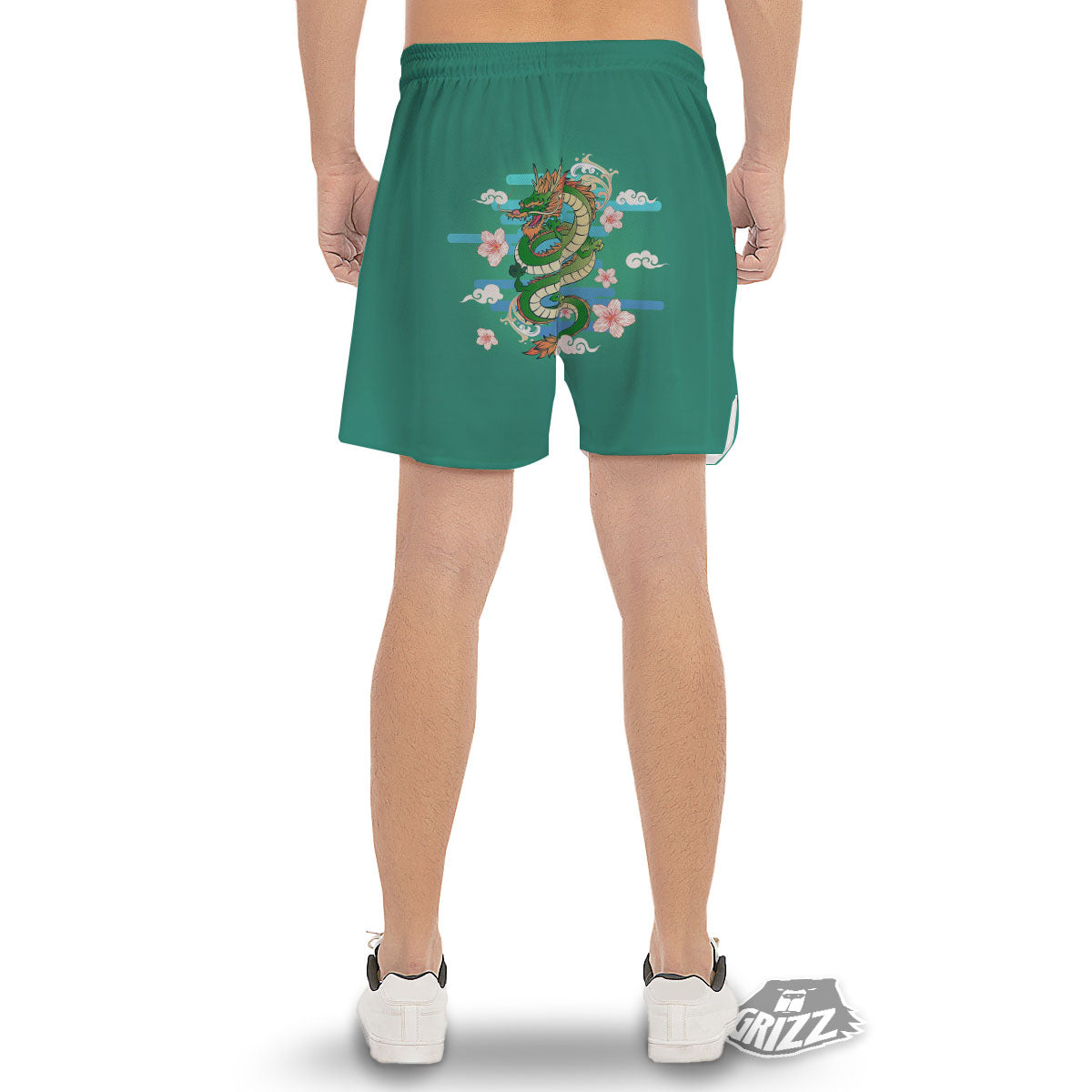 Dragon Tattoo Green Japanese Print Men's Gym Shorts-grizzshop