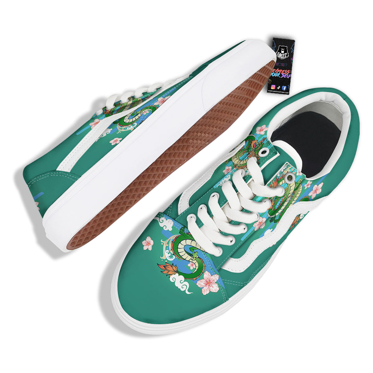 Dragon Tattoo Green Japanese Print Skate Shoes-grizzshop