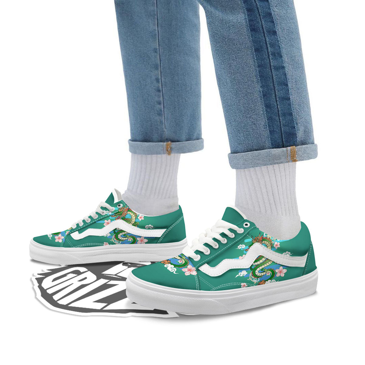 Dragon Tattoo Green Japanese Print Skate Shoes-grizzshop