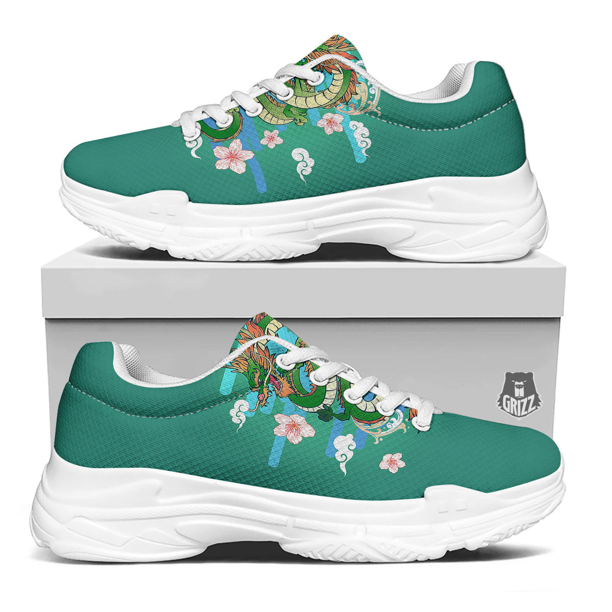 Dragon Tattoo Green Japanese Print White Chunky Shoes-grizzshop