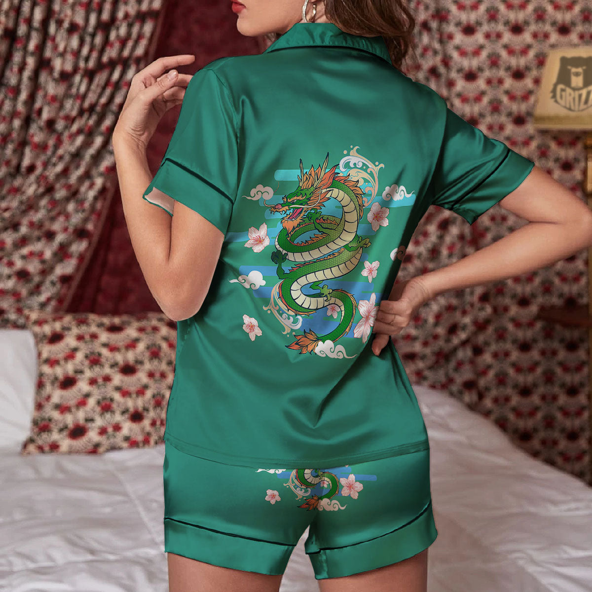 Dragon Tattoo Green Japanese Print Women Silk Pajamas-grizzshop