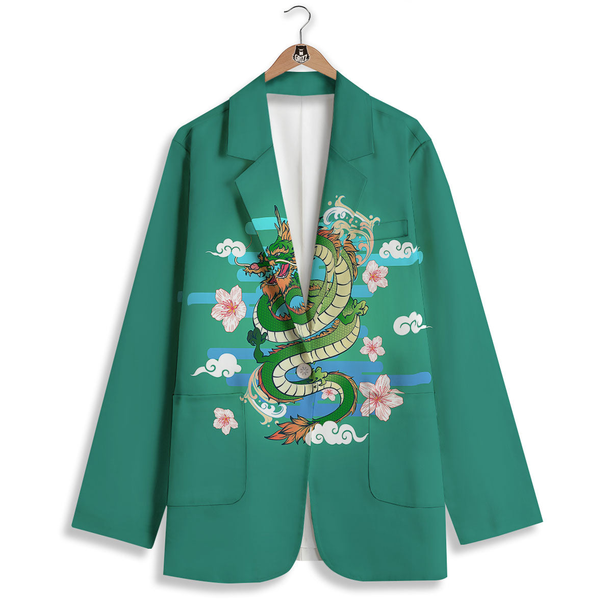 Dragon Tattoo Green Japanese Print Women's Blazer-grizzshop
