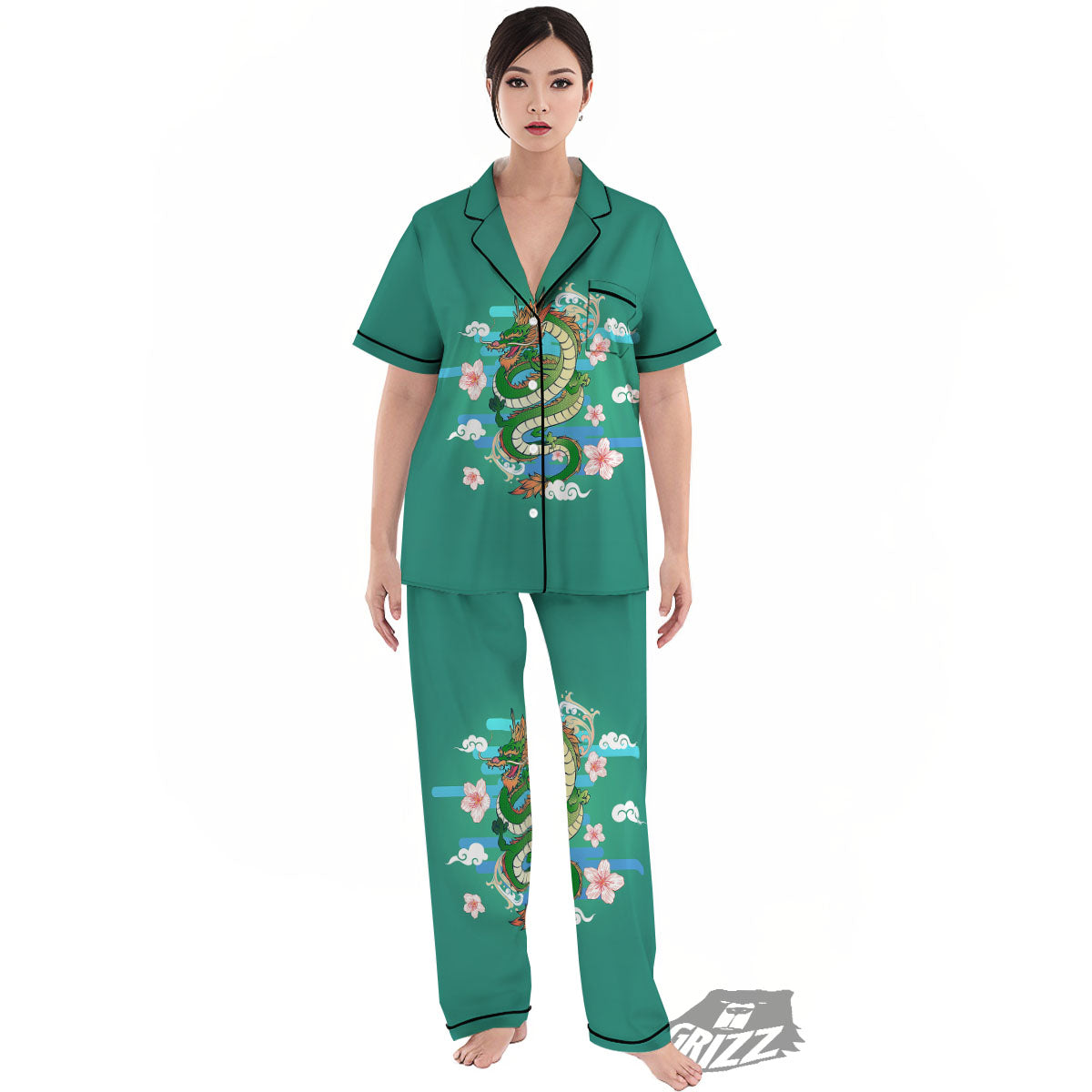 Dragon Tattoo Green Japanese Print Women's Pajamas Set-grizzshop