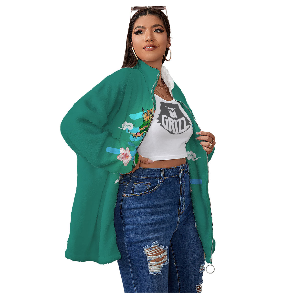 Dragon Tattoo Green Japanese Print Women's Sherpa Jacket-grizzshop
