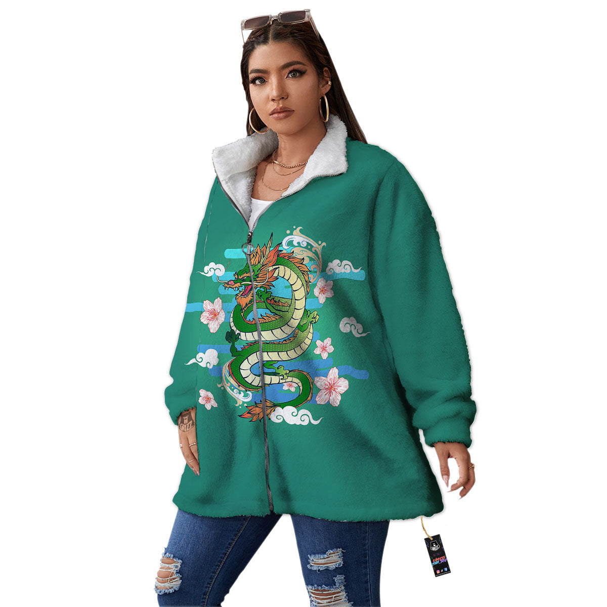 Dragon Tattoo Green Japanese Print Women's Sherpa Jacket-grizzshop