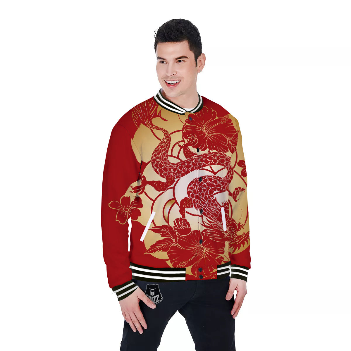 Dragon Tattoo Red Japanese Print Baseball Jacket-grizzshop